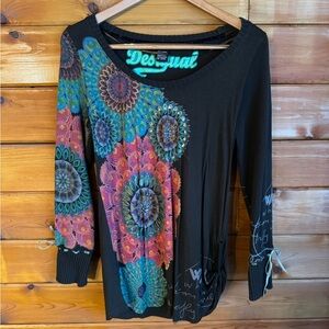 Desigual - forest green blouse, multi fabric and abstract design!